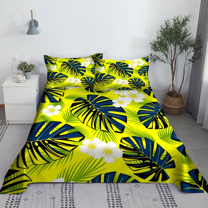 

Green Tropical Leaves Bed Sheet Set 3D Printed Bed Flat Sheet With Pillow Cover Soft Polyester Full Twin Size wholesale