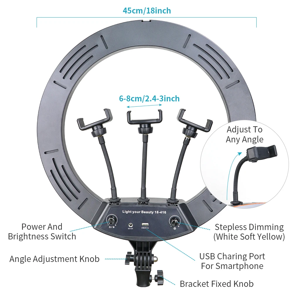 45cm LED Ring Light 18 Inch Profissional Photography Lighting Dimmable Selfie Lamp with Tripod Stand Phone Holder for Video Live |