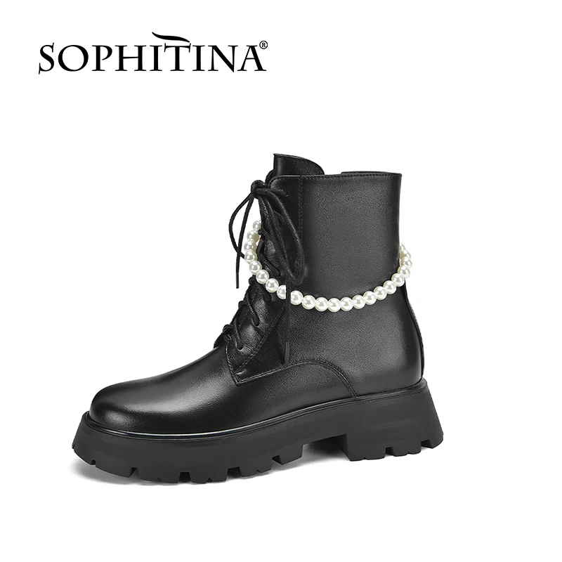

Женские мотоциклетные ботинки SOPHITINA, натуральная кожа, плюш, жемчуг, на шнуровке, Нескользящие, удобная обувь, YO136