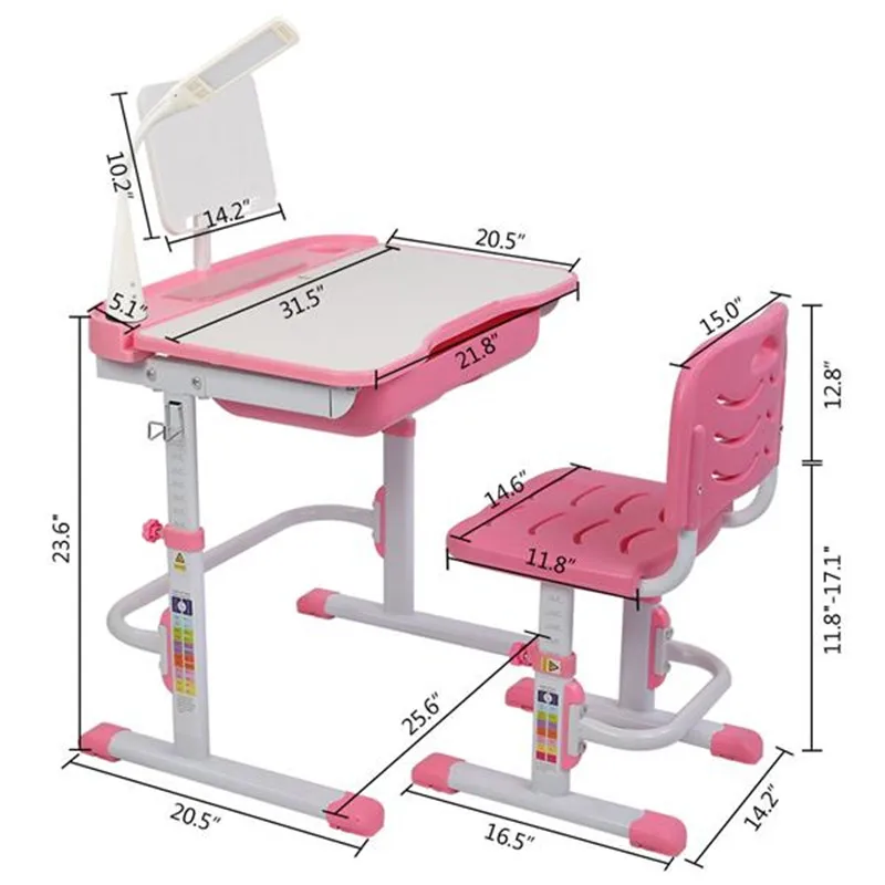 

70CM Lifting Table Top Tilt Children Learning Table And Chair Pink Study Table Set (With Reading Stand USB Interface Desk Lamp)