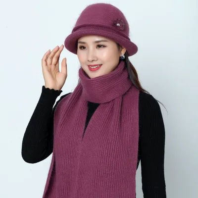 Dark purple Женский комплект для мамы, зимний шарф, шапка, набор для женщин, шапка из кроличьего меха, фетровые шапки, зимняя вязаная женская панама, теплая - Цвет: Dark purple