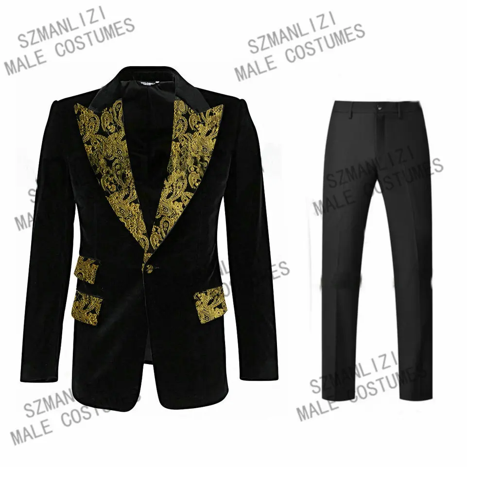 2022 Black Velvet Gold Floral Lapel Wedding Tuxedos Blazer Terno Masculino Jacket+Pant Formal Men Suits Prom Party Costume Homme