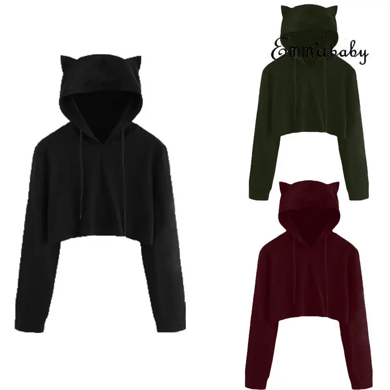 New Fashion Women Cat Ear Hoodie Jumper Casual Pullovers Cropped Sport Sweat Sweatshirt Tracksuit solid S-XL women hoodies