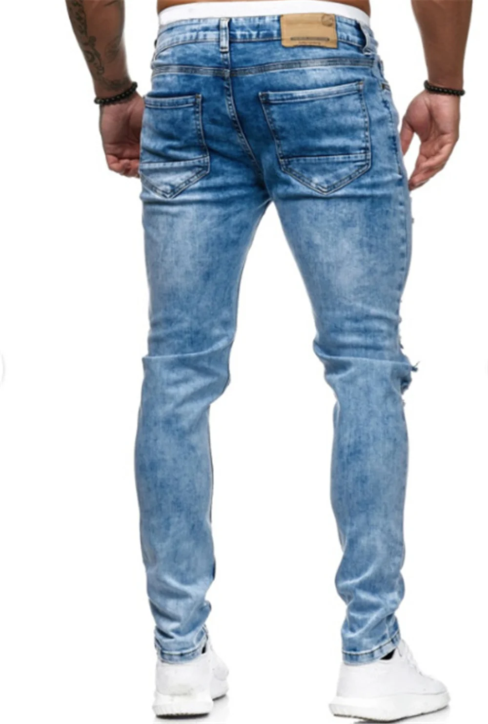 

Spring Holes Mens Jeans Light Blue Stretch Slim Mens Pencil Pants Casual Zipper Male Clothes
