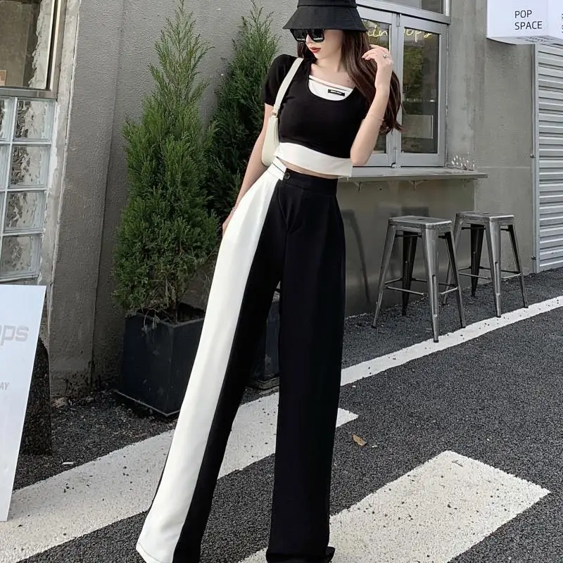 

Korean Style Trousers Women Fashion 2021 Summer Patchwork High Waist Pants Women Loose Casual Wide Leg Pant