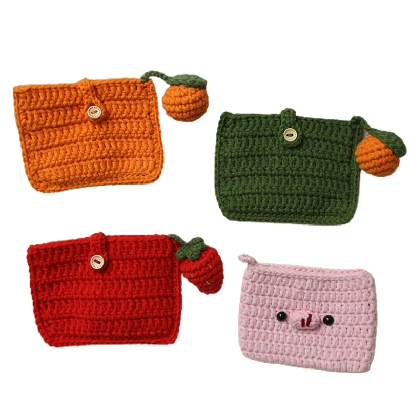 Cute Pig Fruit Pattern Coin Purse Women Girls Hand-knitted Yarn Crochet Mini Money Bag Card Keys Holder Small Change Bag