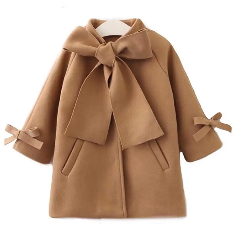 Cute Toddler Kids Baby Girls Overcoat Woolen Bowknot Single Breasted Coat For Girl Outerwear Winter Warm Clothes Snowsuit 2-8 T | Детская
