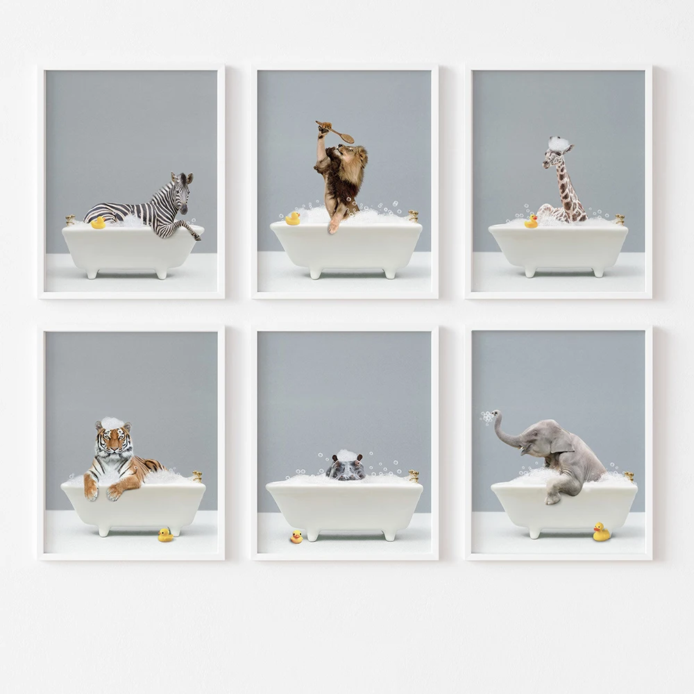 

Cute Giraffe Elephant In The Bathtub Printable Art Canvas Painting Vintage Bathroom Posters and Prints Living Room Wall Pictures