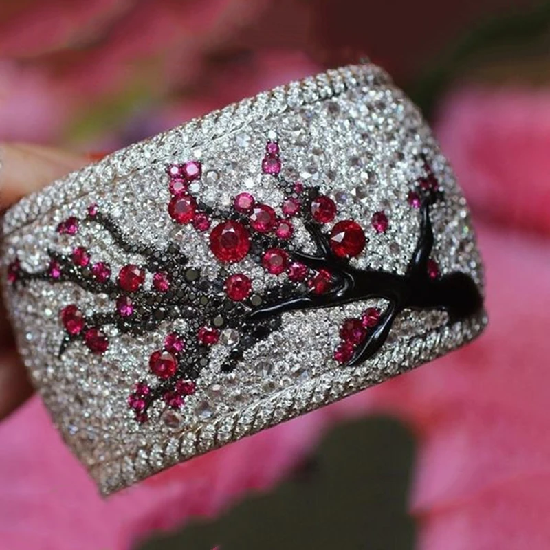 Ring 02 Роскошный Серебряный цвет сливы цветы ветка дерева растение шаблон кольца для мужчин и женщин цветы вымощены красный зеленый стразы кольцо Z3M171 - Цвет основного камня: Ring 02