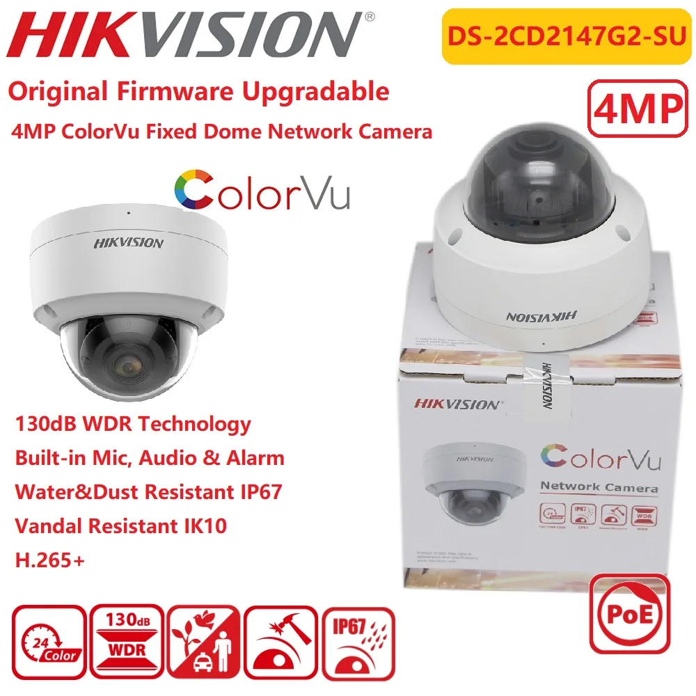 

Hikvision 4MP IP Camera DS-2CD2147G2-SU PoE Built-in Microphone IP67 Fixed Dome Network Surveillance ColorVu Audio & Alarm