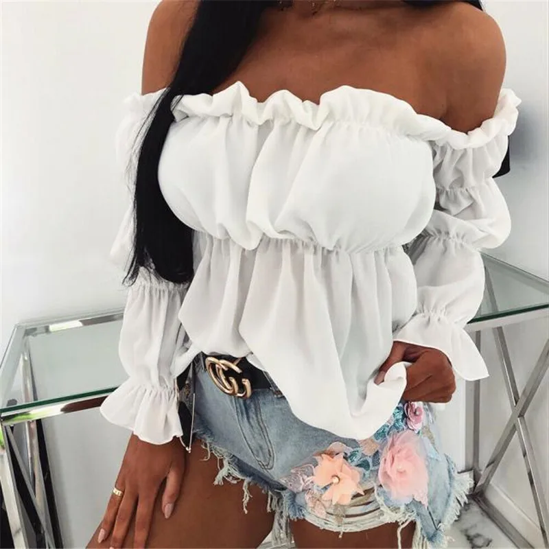 

2022 Sexy Off Shoulder Chiffon Women Blouse Fashion Elegant Solid Color Loose Ruffles Pleated Shirt Streetwear Spring Autumn