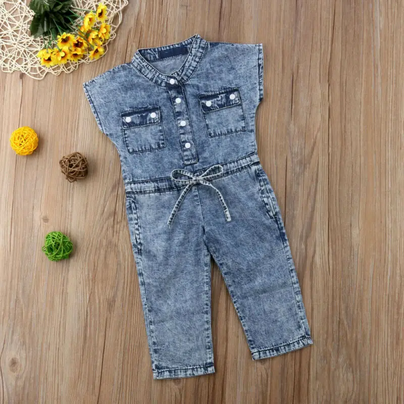 

Summer Toddler Baby Girl Fashion Jumpsuits Denim Blue Sleeveless Single Breasted Elastic Waist Belt Romper