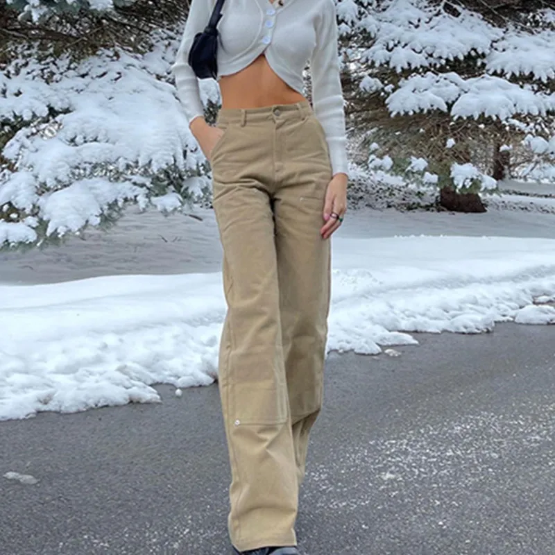 

2021 Y2K свободные хаки Джинсы женские уличные повседневные ретро брюки с высокой талией модные хлопковые джинсовые спортивные брюки