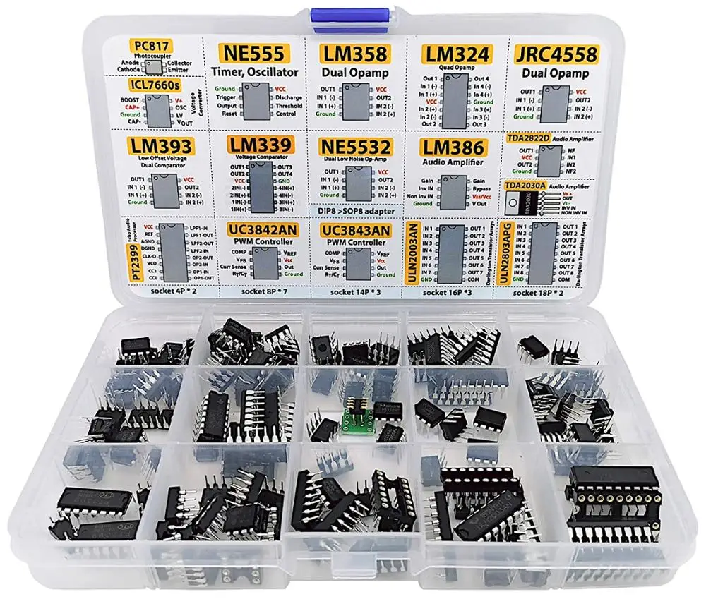 Набор микросхем XL IC 150 шт. opamp осциллятор pwm PC817 NE555 LM358 LM324 JRC4558 LM393 LM339 NE5532 LM386 TDA2030 |