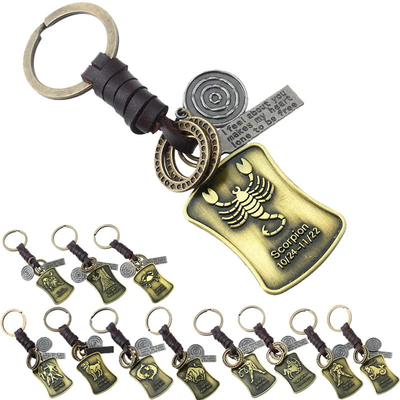 

KURSHUNI Weave Genuine Leather 12 Constellation KeyChains Punk Vintage Zodiac Sign Tags for Bag Pendant Car key chains