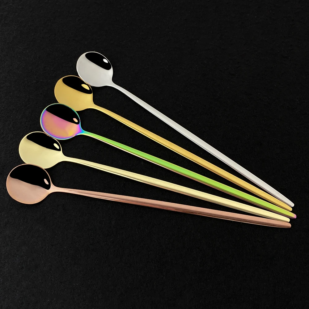 

6Pcs Hangdle Polished Stirring Steel Steainless Spoon For Dinnerware Drink 304 Black Long Ice Cutlery Tableware Spoon Cream Set