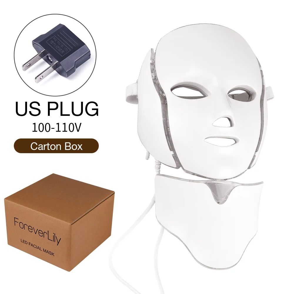 US PLUG (100-110V) Foreverlily 7 цветов светильник светодиодный маска для лица с омоложением кожи шеи уход за лицом Лечение Красота анти акне терапия отбеливание - Цвет: US PLUG (100-110V)