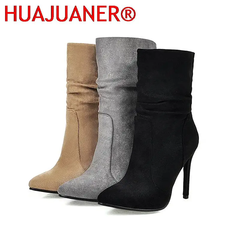 

Casual Sexy Pointed Toe Autumn Mid-calf Boots Flock Plaid Slip-on Black Gray Apricot High Heel Stiletto Riding Boots Women Shoes