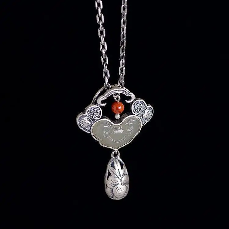 

Siam Ancient Rhyme S925 Silver Vintage Silver Ethnic Style Auspicious Clouds Ruyi Natural Hetian Jade Hollow Peony Tassel Pendan