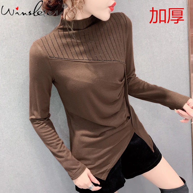 

Fall Winter Cotton Loose T-Shirt Irregularity Drape Shiny Diamonds Women Tops Bottoming Shirt Long Sleeve Tees New 2021 T16307A