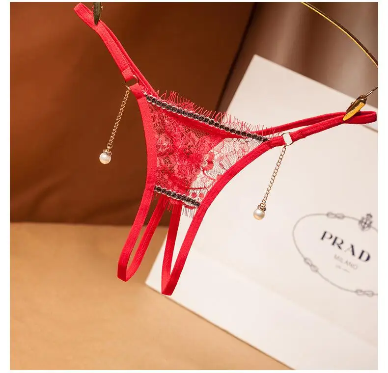 Flower Embroidery Net Yarn Open Crotch Sexy Panties For Women With Pearl Drop Pendant Thongs and G strings Underwear