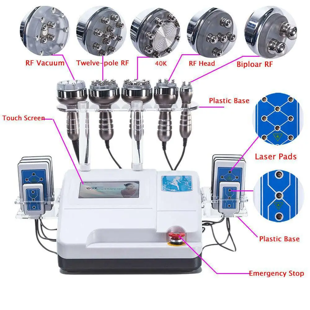 

6 IN 1 40K Ultrasonic Liposuction Cavitation RF Machine 8 Pads 650NM Lipo Pads Slimming Machine Vacuum RF Skin Rejuvenation