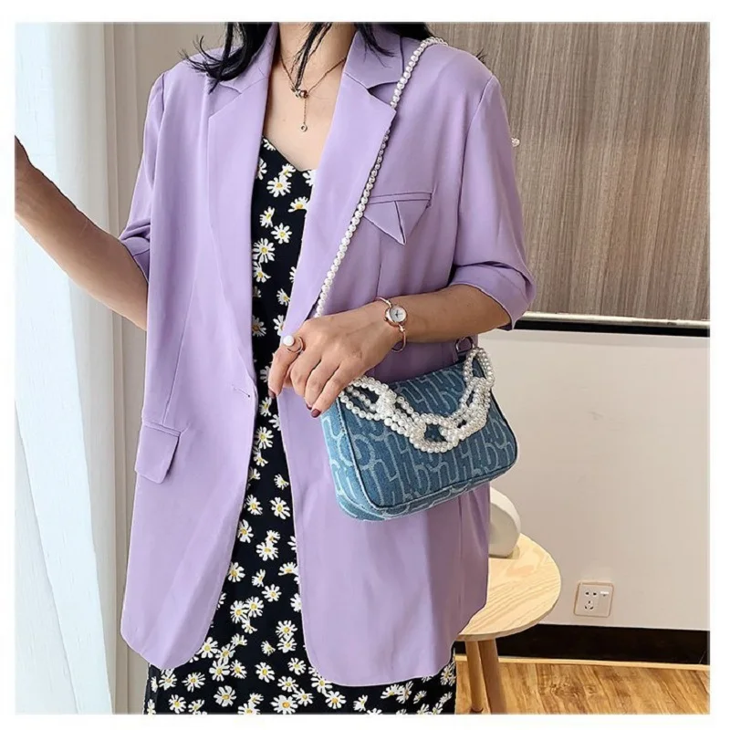 Новинка лета 2020 женская джинсовая сумка через плечо с жемчужной цепочкой для