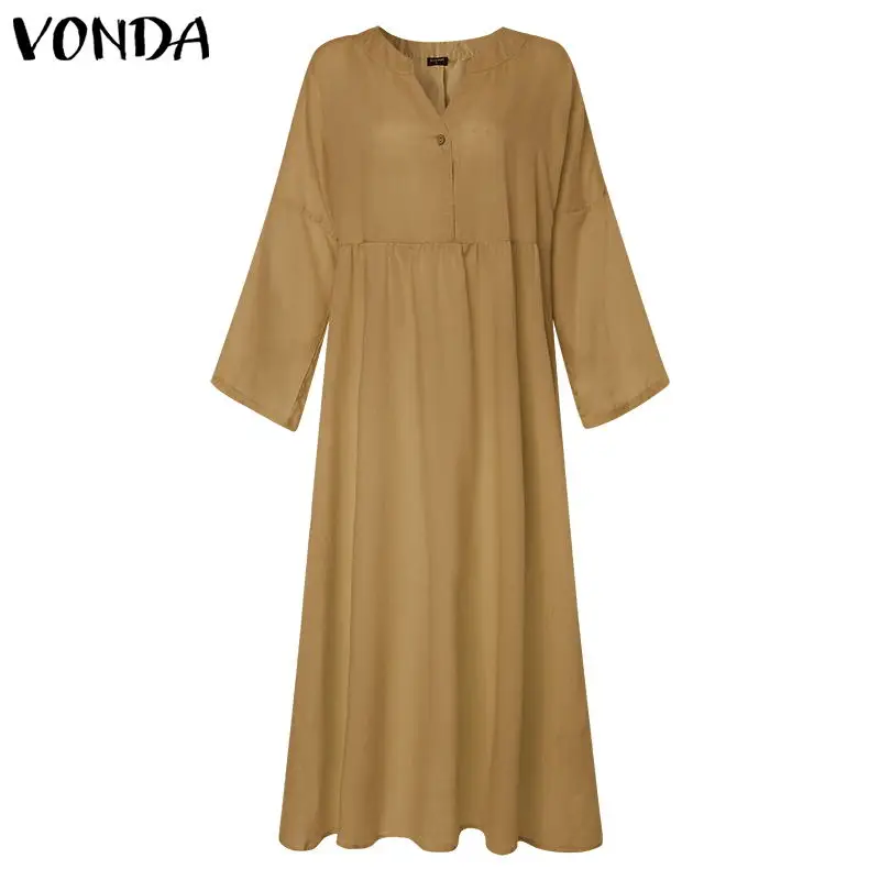 Yellow VONDA, платье-рубашка, женский сарафан, летний, длинный рукав, v-образный вырез, длинное, макси, Vestidos, Женская Повседневная Туника на пуговицах, халат размера плюс - Цвет: Yellow