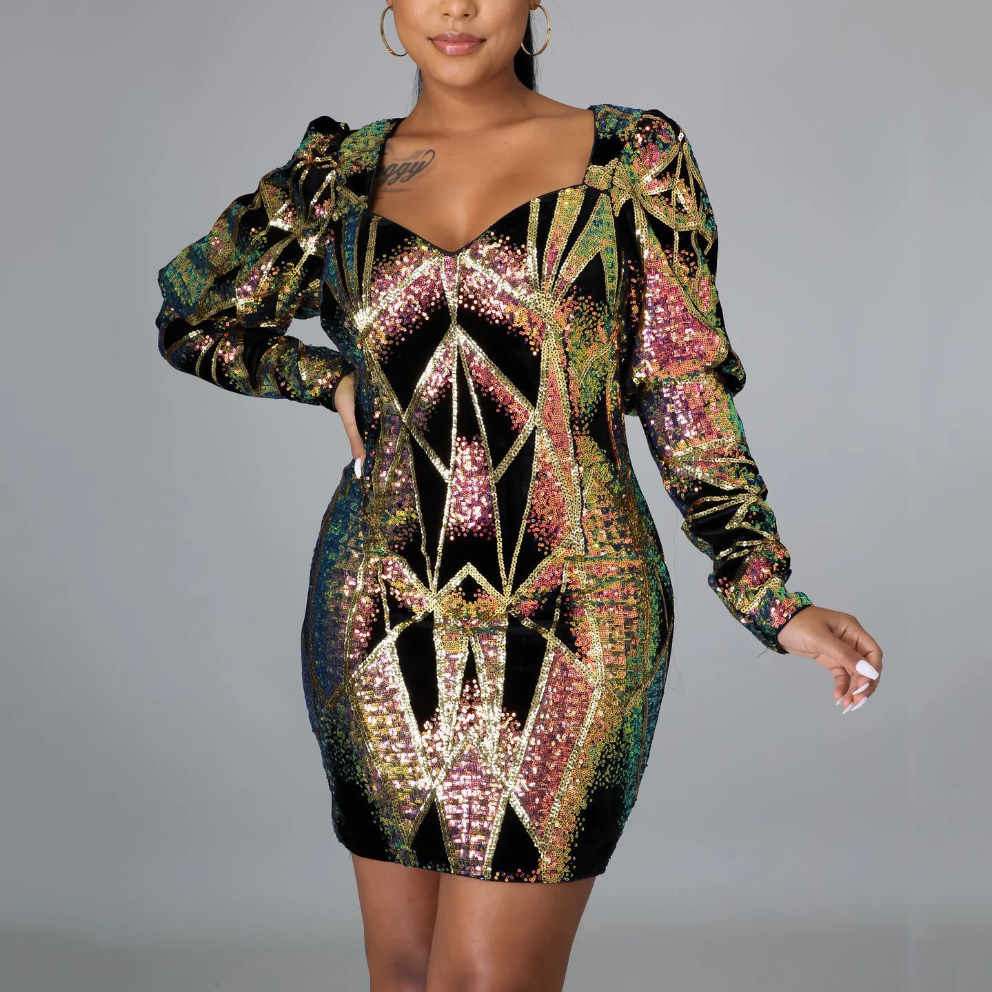 

Вечернее платье с блестками, облегающее мини-платье с длинным рукавом, V-образным вырезом, для вечевечерние, весна 2021