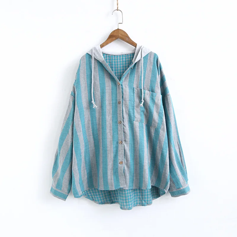 Green Striped Johnature, женские рубашки в клетку с капюшоном, свободные блузки, осень, Новые Карманы, 6 цветов, женские топы, длинный рукав, пуговицы, винтажные рубашки - Цвет: Green Striped