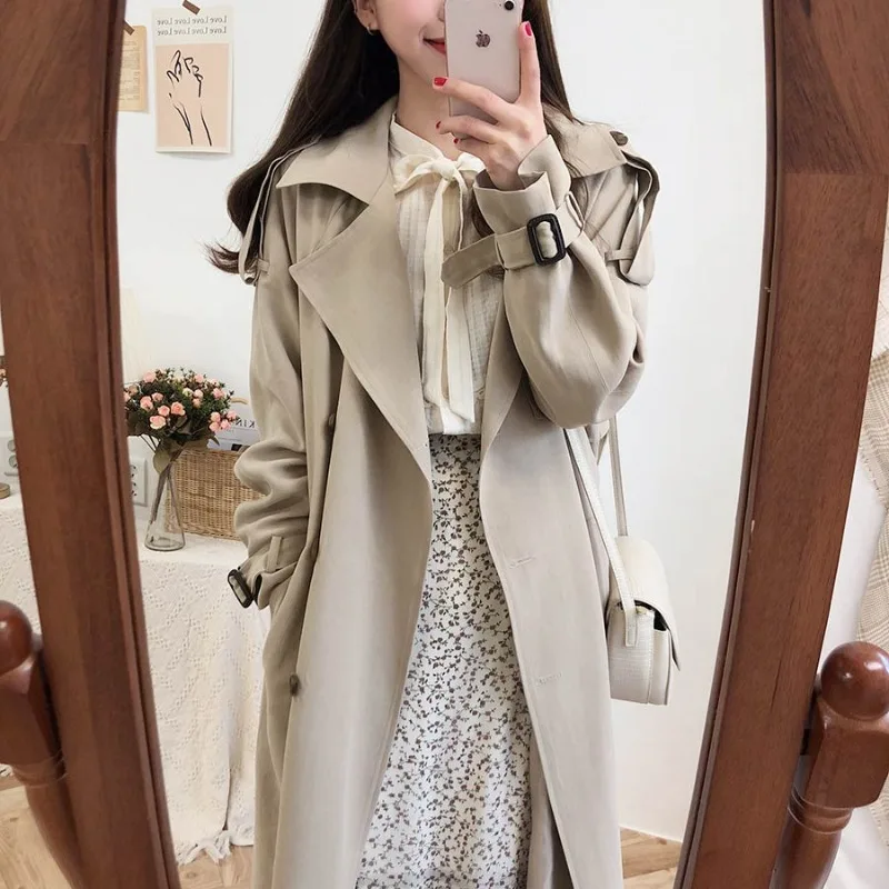 

X-Long Outerwear Maxi Robe Coats Long Sleeve Cute Casual Japan Korea Women Double Breasted Windbreaker Female Cardigan Clothing