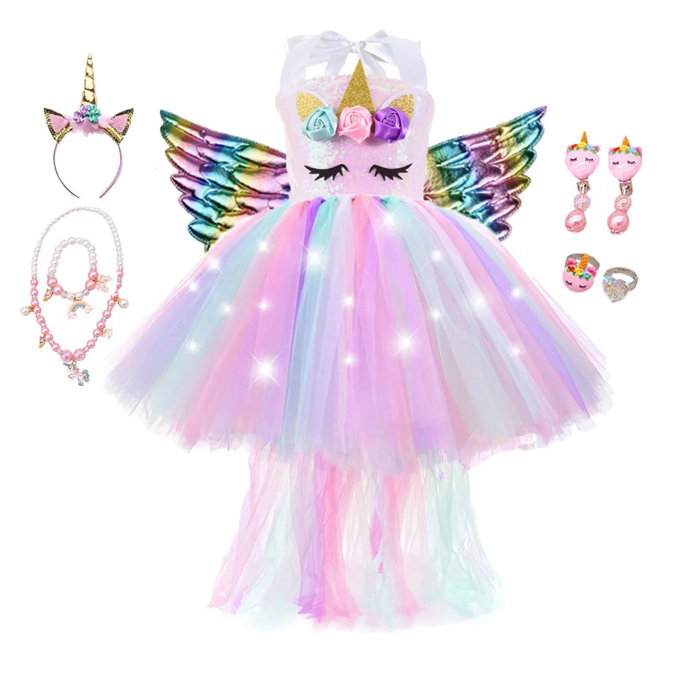 

Girls Summer Glowing Unicorn Dress with Long Tail Fancy Girl Princess Unicorn Birthday Party Tutu Dresses Halloween Costume Gift
