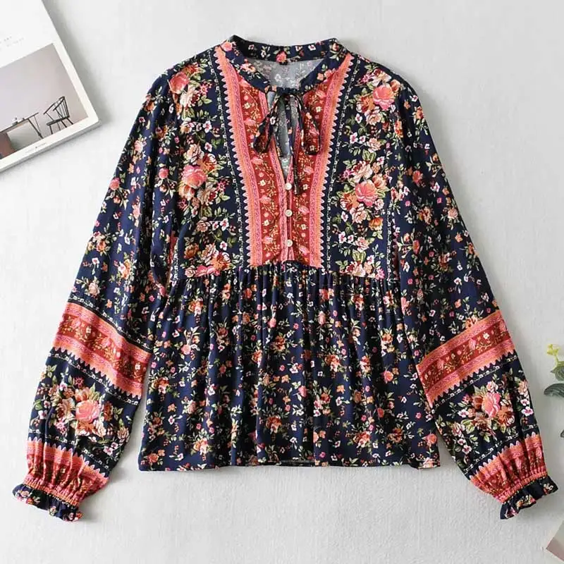 GypsyLady Vintage Boho Blouse Shirts Top Autumn Spring Print Holiday Women Blouse Long Sleeve Tied Up Bohemian Girls Tops Shirt