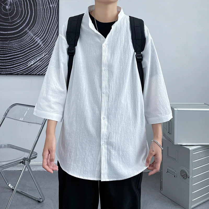 

Streetwear Shirt Men Solid Plus Size Short Sleeve Shirts Loose Summer Fashion Casual Korean Style Shirt Mens Tops Clothes 2021