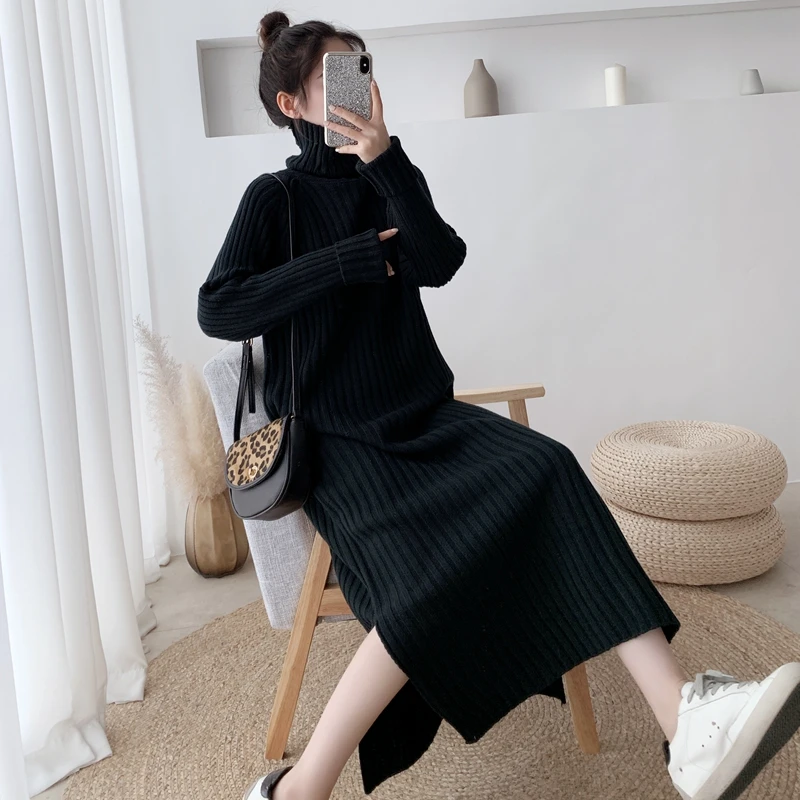 

Winter Turtleneck Sweater Dress Women Casual Warm Side Split Thick Loose Knitted Dresses Female Vestidos JK295