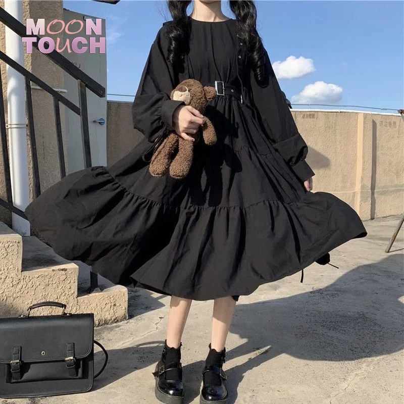 

Gothic Style Dress Women Harajuku Lolita Goth Kawaii Dress Punk Cute Long Sleeve Black Midi Dress Chic Trendy Streetwear Dresses