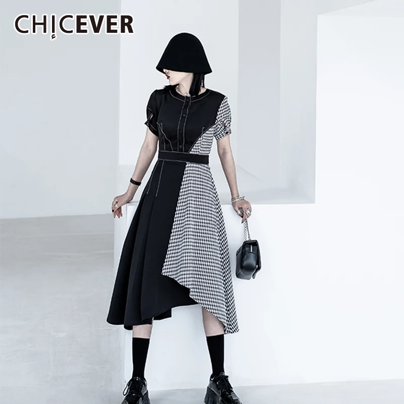 

CHICEVER лоскутное клетчатое платье для женщин с круглым вырезом и короткими рукавами-фонариками с высокой талией, нестандартные цветные плать...