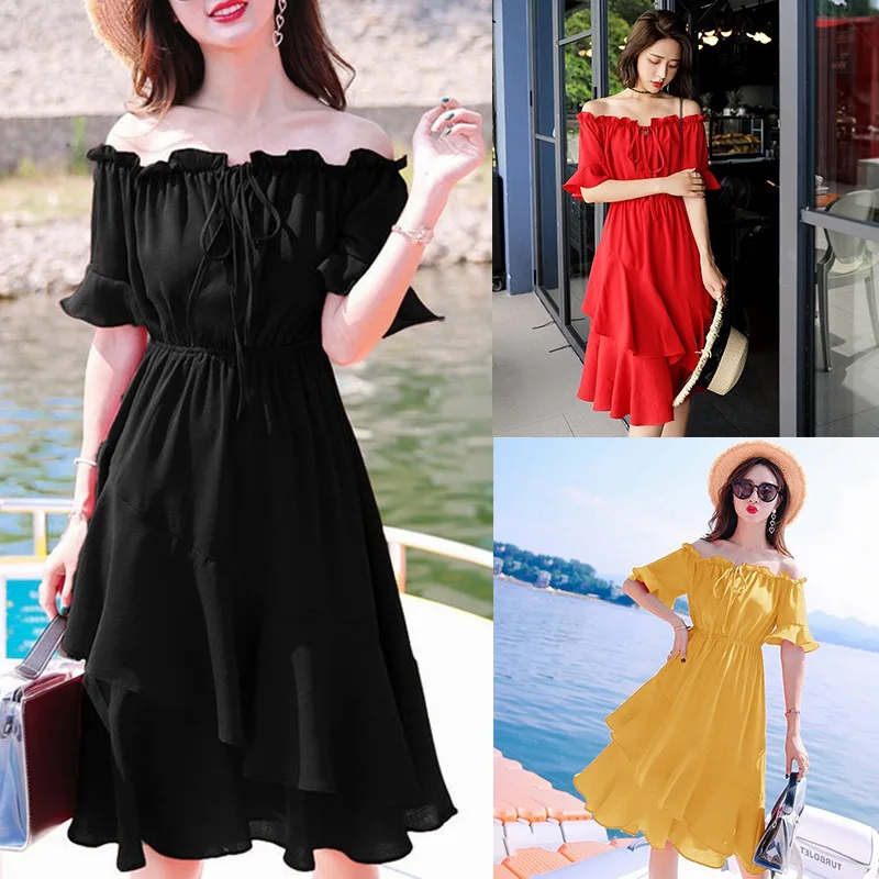 

Solid Color Women Summer Dresses Plaid Slash Neck Off Shouder Vestidos Ruffles A-line High Waist Dress