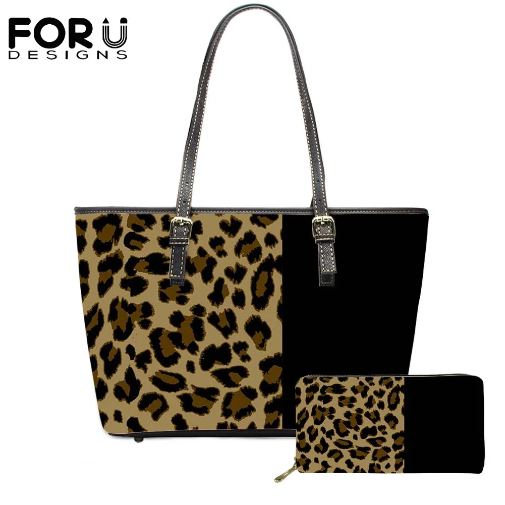 

FORUDESIGN Women Beach Bags Clutch Causal Purse 2Pcs Leopard Stitching Fashion Brand Design Shopping Bags Travel Women's Wallets