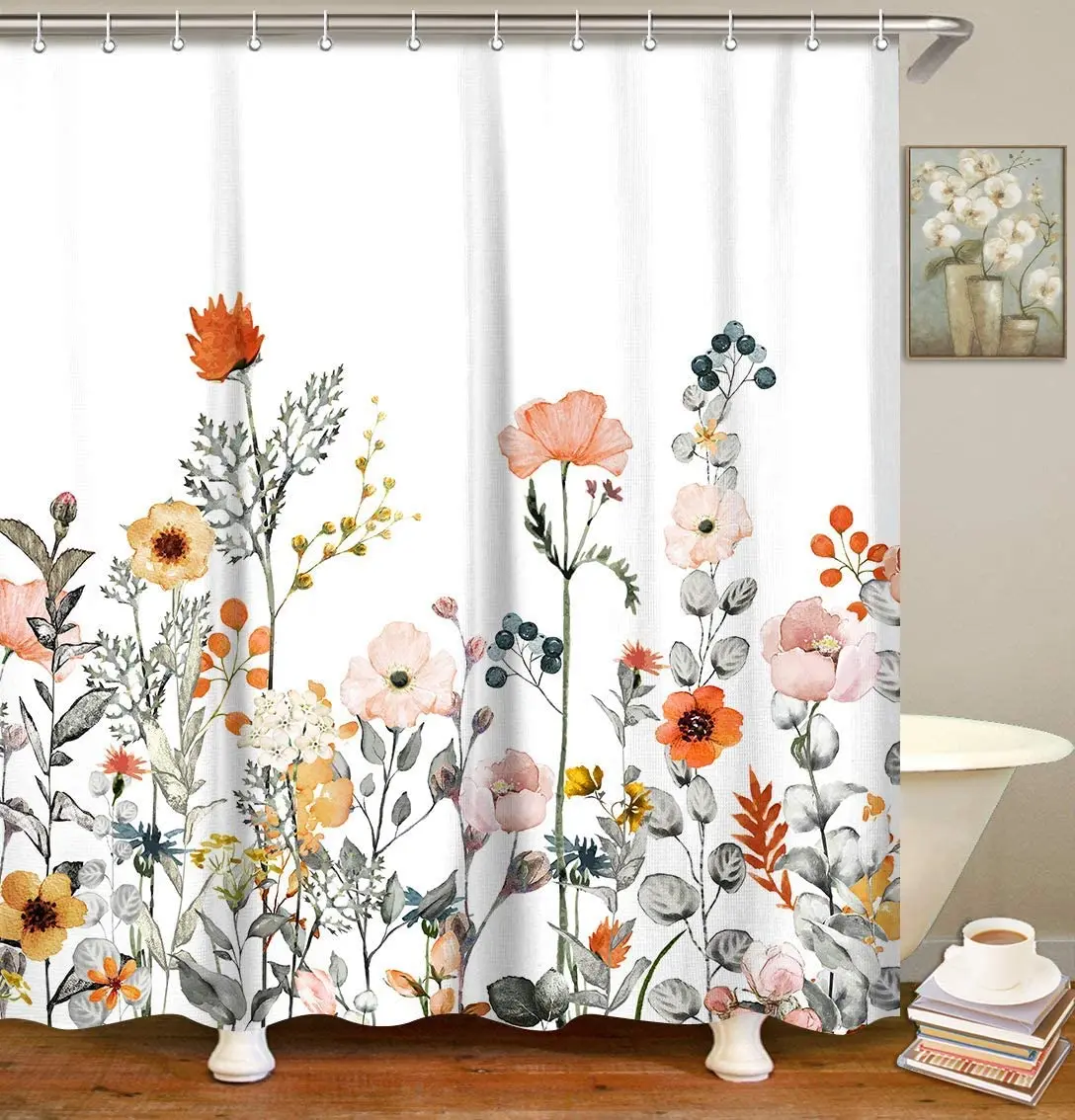 

Набор цветочных занавесок для душа с крючками, декоративные занавески для ванной, разноцветные ботанические цветы и листья