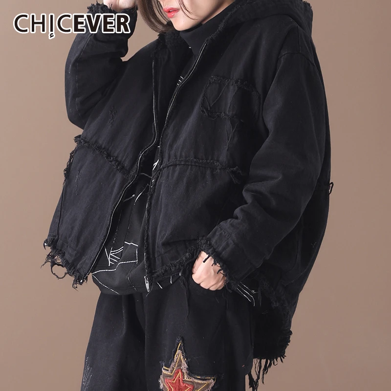 CHICEVER плюс бархат пэчворк кисточка деним женские парки с капюшоном длинный рукав