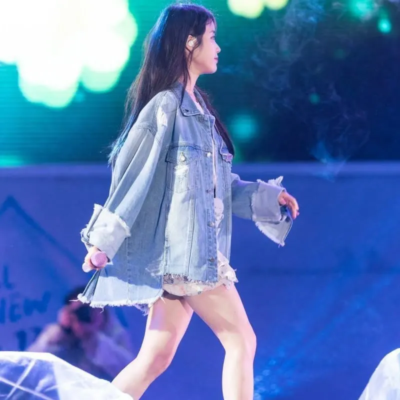 Kpop IU Lee Ji Eun 2021 Осенняя теплая Корейская уличная синяя джинсовая куртка Женская