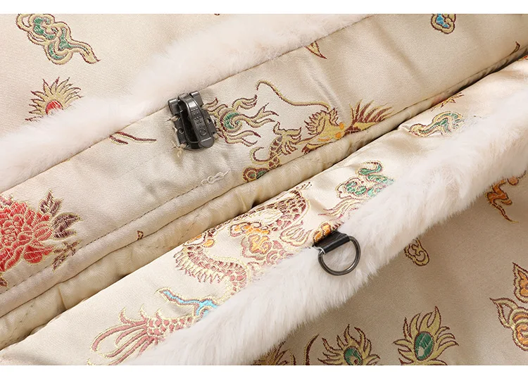 Traditional Chinese Tang style embroidered big size long  winter cotton lining warm jacket outwear with rabbit fur for women