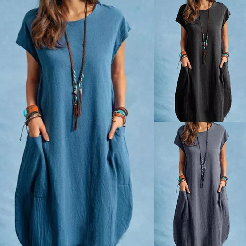 

Hot Sale Women's Fashion All-match Casual Style Pure Color Pockets Convenient Casual Boho Vestidos Fashion Round Neck Solid