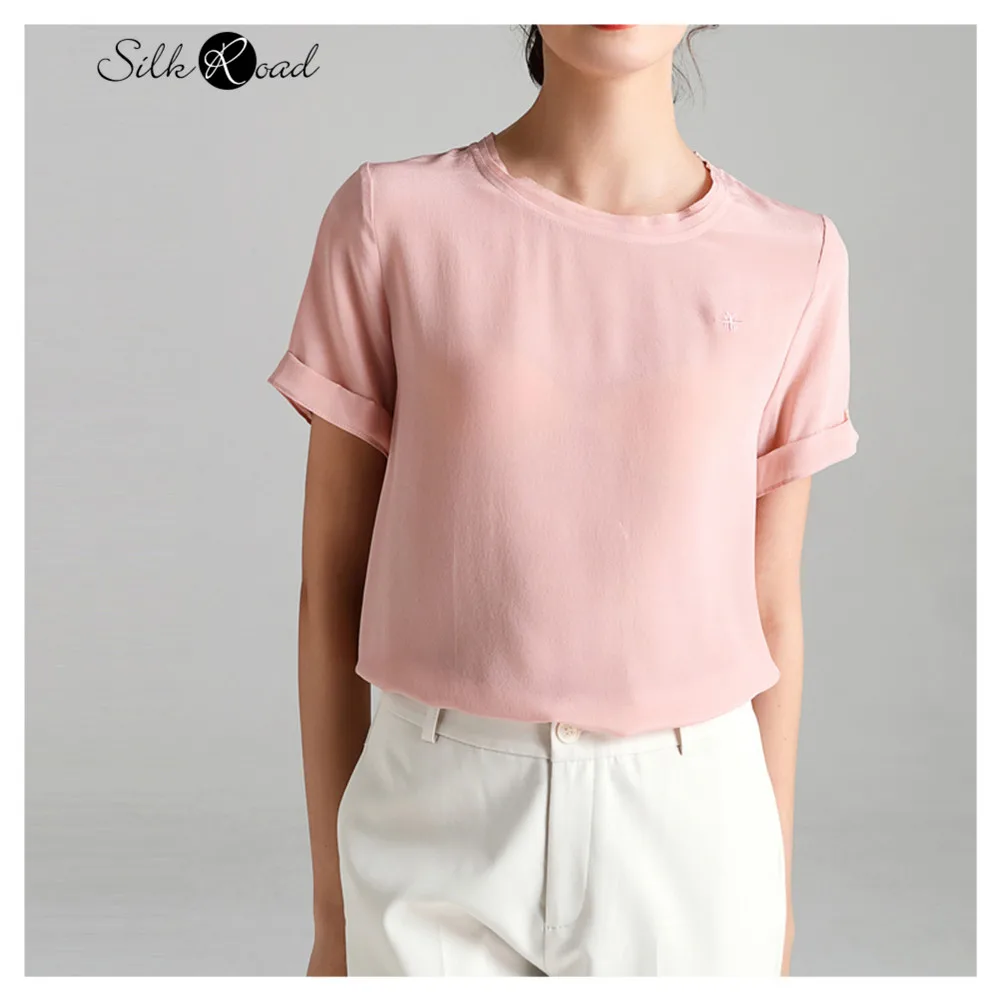 Silviye Silk T-shirt short sleeve INS fashion embroidery women's solid color loose and versatile tops blusas mujer de moda 2020
