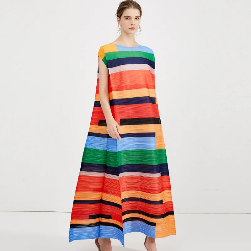 

SuperAen Summer 2020 New Striped Printing Color Contrast O Neck Sleeveless Loose Plus-sized Dresses Women