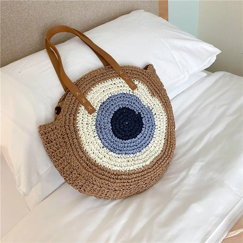 

Round High Capacity Vintage Shoulder Bags Summer Rattan Handbags Straw Bags For Women Handmade Woven Beach Bag Fashion Bohemian