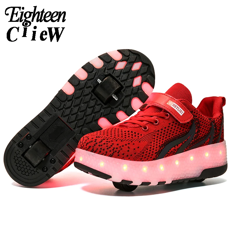 Size 28-40 Kids Roller Sneakers with lights USB Charged LED Shoes Double Wheels Children Boys Girls Luminous Skate | Детская одежда и