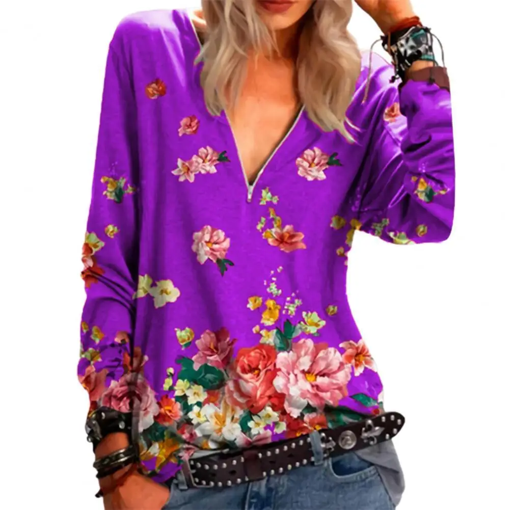 

Женские Рубашки, Топы, топы с цветочным принтом, Топ с длинным рукавом, Женская свободная футболка на молнии с V-образным вырезом, пуловер для...