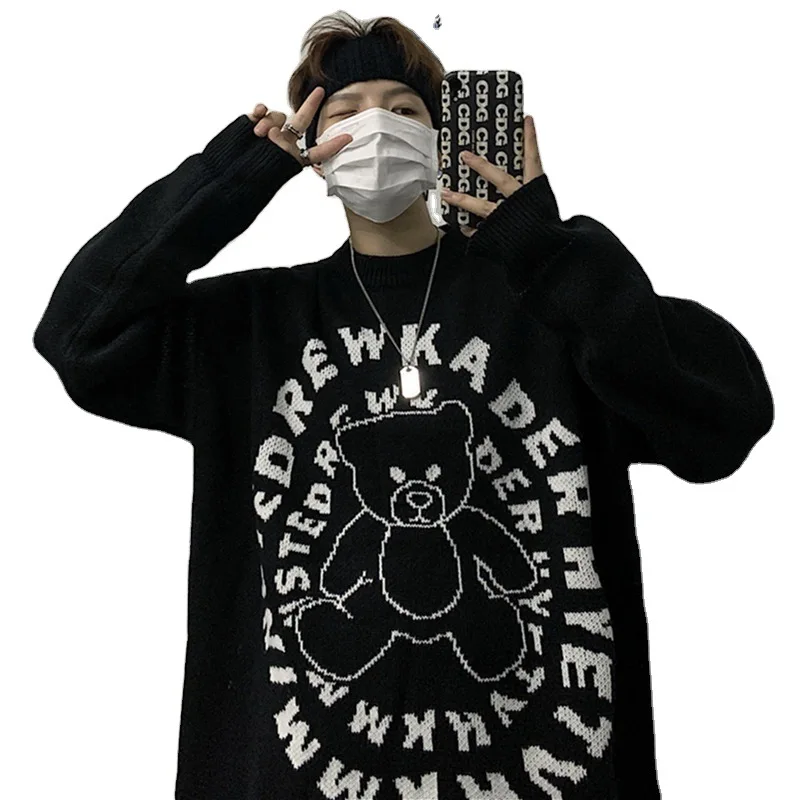 

Korean Knitted Men sweater Cartoon Bear Print Pullovers Oversized Outwear Harajuku Sweaters Mens Streetwear Fashion Male Jumper